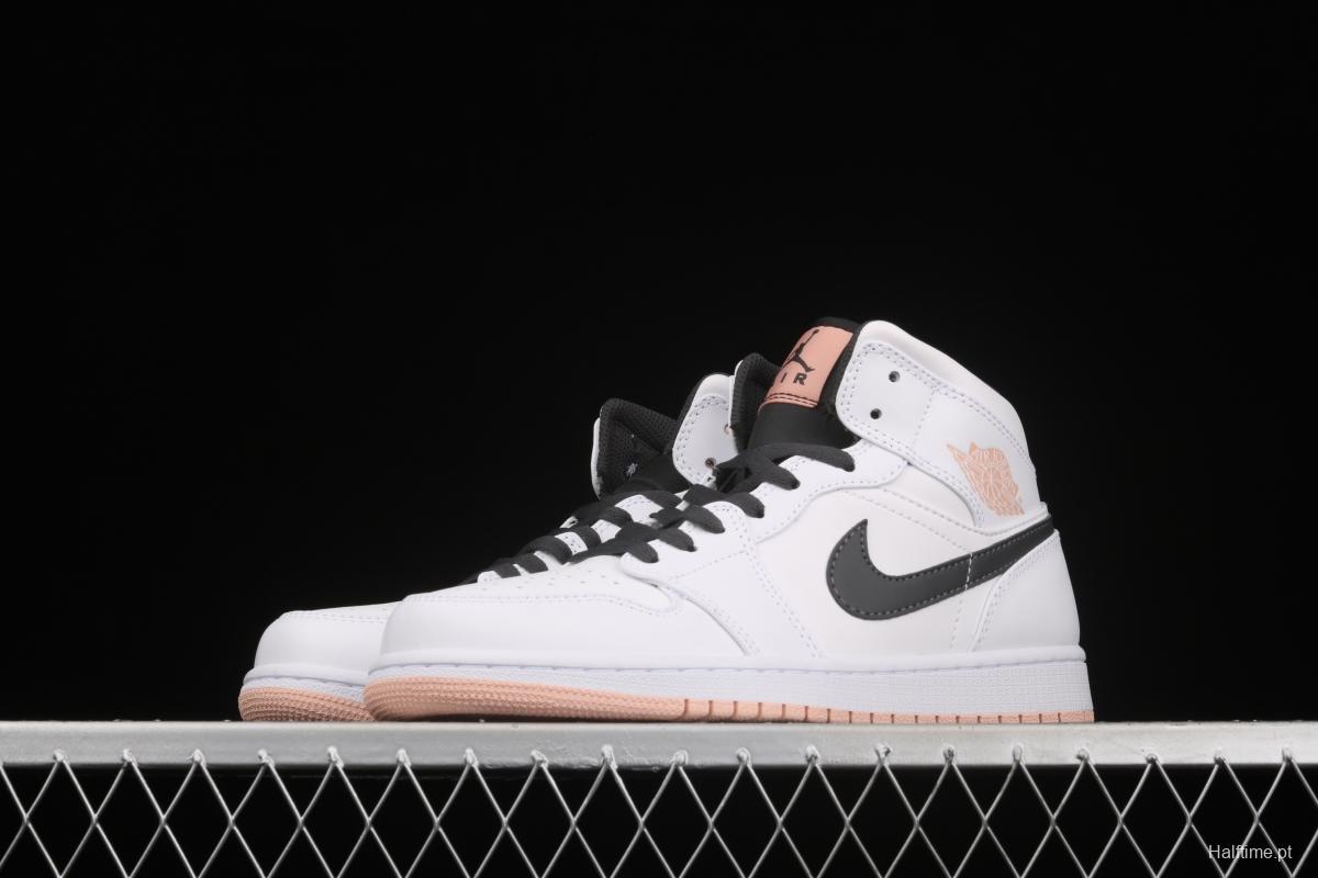 Air Jordan 1 Mid White and Black Sakura Pollen Zhongbang Basketball shoes 554725-180